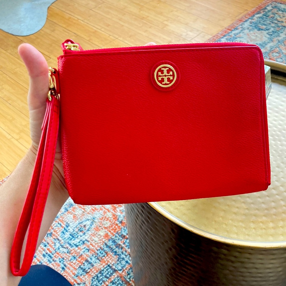 Tory Burch red leather wristlet